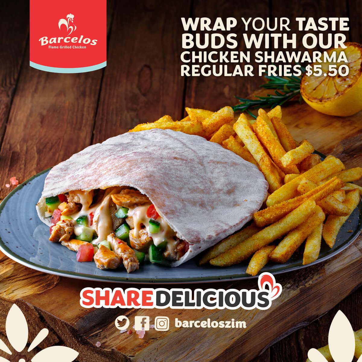 Indulge in a flavor-packed meal with our juicy chicken shawarma and crispy chips! Perfectly seasoned and grilled to perfection, our shawarma is paired with golden fries for a satisfying crunch. Come and get your fix today at Barcelos!