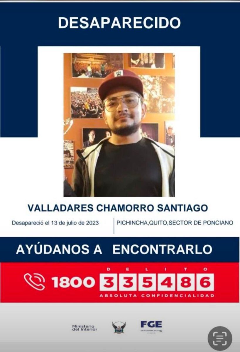 🔴#ATENCIÓN | Santiago Valladares Chamorro está reportado como desaparecido. Fue visto por última vez el pasado 13 de julio de 2023 en el sector de Ponciano #Quito. Si tienes alguna información sobre su paradero comunícate al 1800 (335486).⬇️