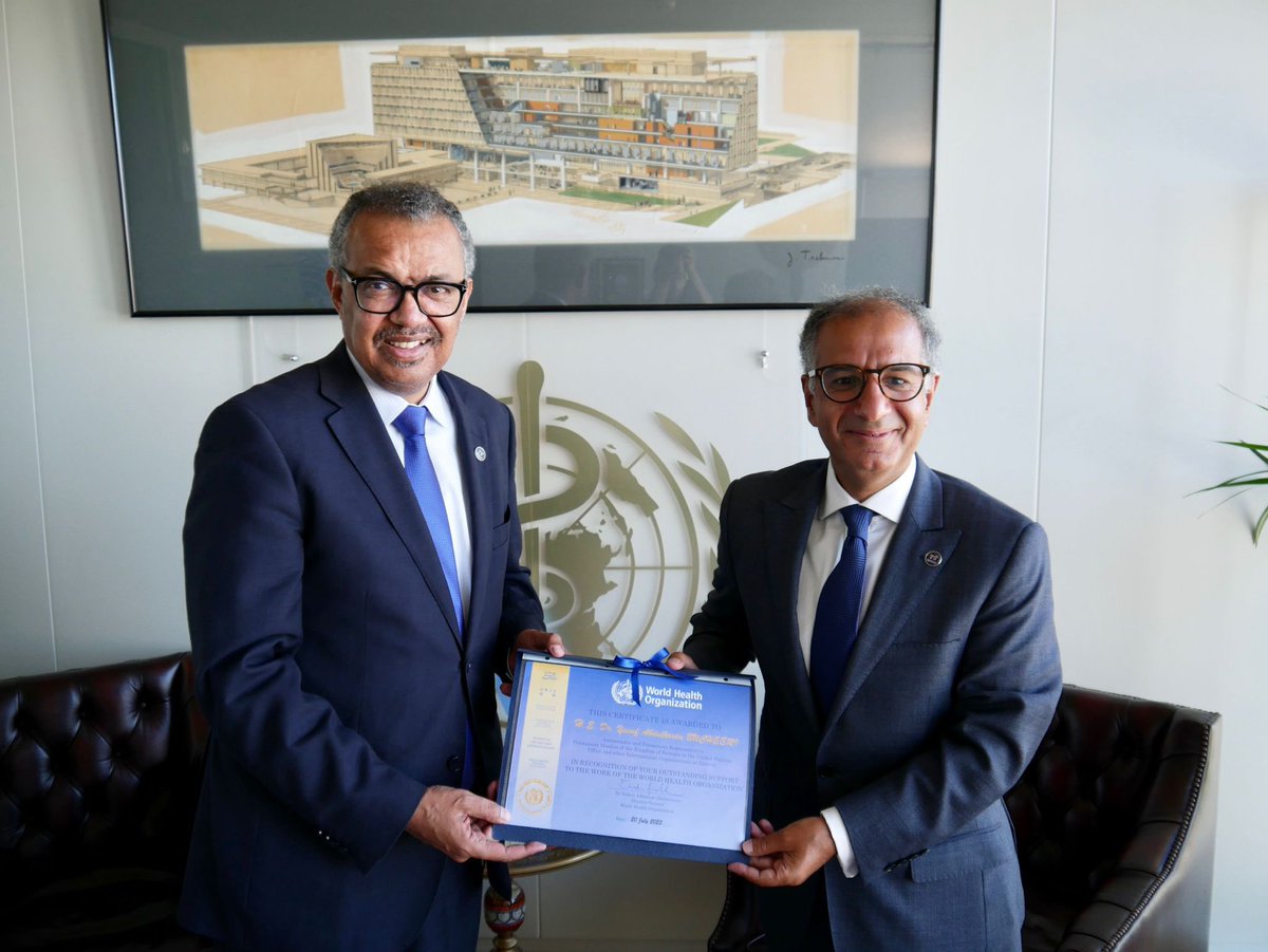 My great thanks to #Bahrain Ambassador Abdulkarim Bucheeri for his partnership and support to <a href="/WHO/">World Health Organization (WHO)</a> during his tenure in Geneva. Wished him all the best in his future work for a healthier, safer, fairer world. <a href="/BahrainMsnCH/">Bahrain Mission in Geneva 🇧🇭🇨🇭</a>