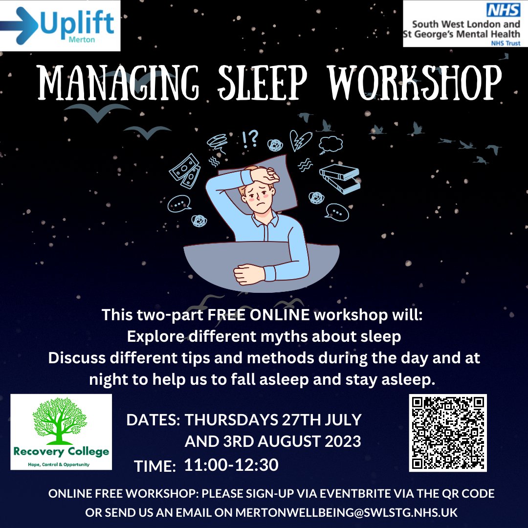MertonWellbeing's tweet photo. Do you find falling asleep or staying asleep difficult? When was the last time you had a good night sleep?
Join our free online workshop to learn more about managing sleep!
To register follow the eventbrite link here: https://t.co/PVSmTaxnt3
#merton #sleep #sleepmanagement https://t.co/Ya4SfHxmBz
