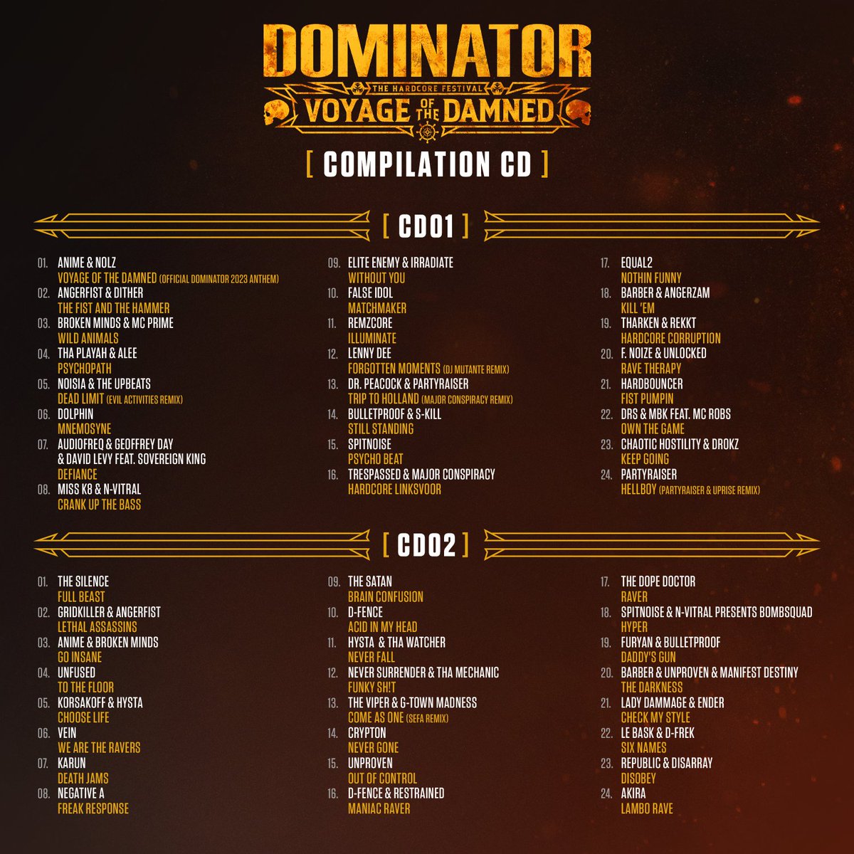 Relive the damned voyage of destruction and madness with the 2023 compilation! The two-CD album boasts a diverse and dominating tracklist that includes all hardcore substyles. 📷  Enjoy the full album on all major streaming portals or order your copy at moh.lnk.to/Dominator2023CD.