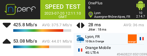 Ari33260's tweet image. ↓425753 kb/s ↑53082 kb/s, ⇄ 28 ms / mobile:Orange F / #OnePlus6 / #nPerf v2.14.7 /
Métro D Lyon