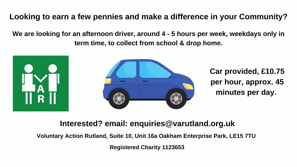 We're looking for a term time driver to help with a school run. Paid work. Ideal if you're local to Oakham or surrounds and have a little time in the afternoons. Interested? enquiries@varutland.org.uk
#oakham #oakhamrutland #community