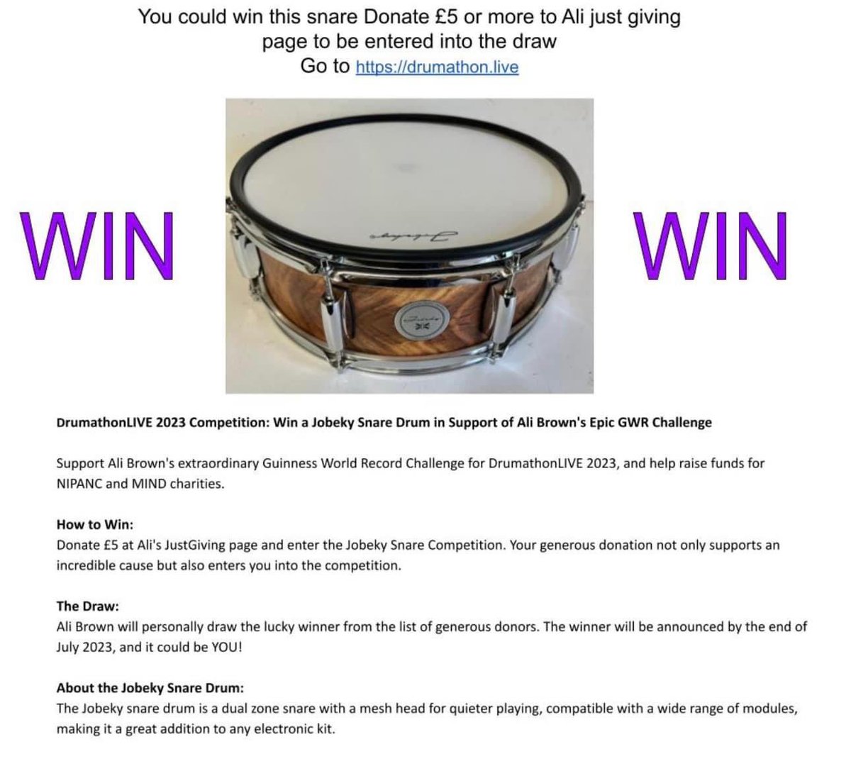 our amazin drum endorsers have this snare up for grabs for anyone able to support this mint cause, read the full post for info. 

Also 150+ hours in a row of drumming? What a champ

 @jobekydrums