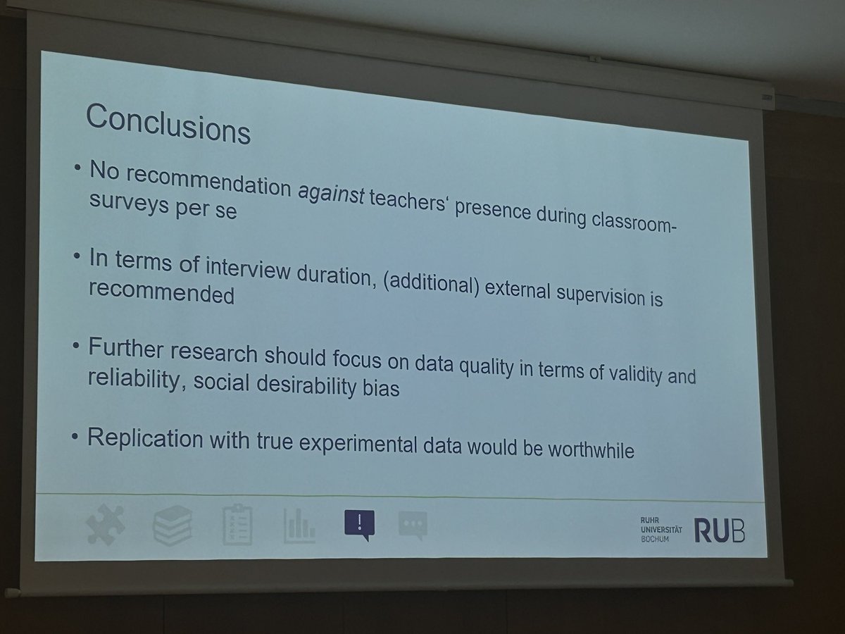 DrEmilyGilbert's tweet photo. Till Stefes looks at whether the presence of an external supervisor in classroom-based surveys has benefits for data quality. He finds external supervisors are good for interview duration - allowing students longer to complete the survey. Further research recommended #ESRA23 https://t.co/VOsbokfiFm