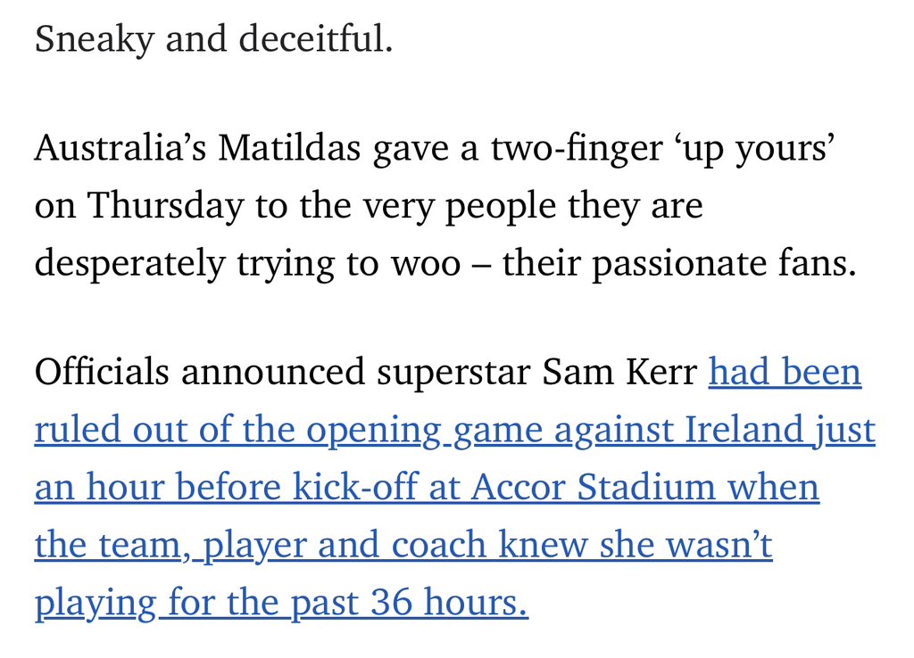 MitchellGlenn's tweet photo. I may be wrong but it appears this article from earlier this evening about Sam Kerr’s absence from tonight’s game v Ireland has been removed from the Herald Sun’s website … was certainly strongly worded  🤔

⚽️  #FIFAWomensWorldCup https://t.co/UUlxTMnuni