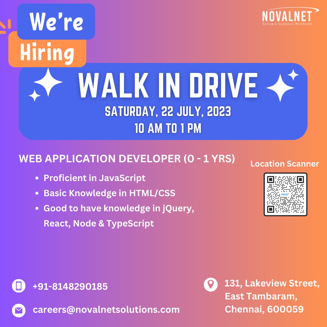 We're looking for talented web application developers to join our team. If you're passionate about building great software, we want to hear from you!
Kindly RT for more reach ✨
#chennaiJobs #chennaiHiring #javascript #softwareDeveloper #job #career #reactjs #nodejs #react