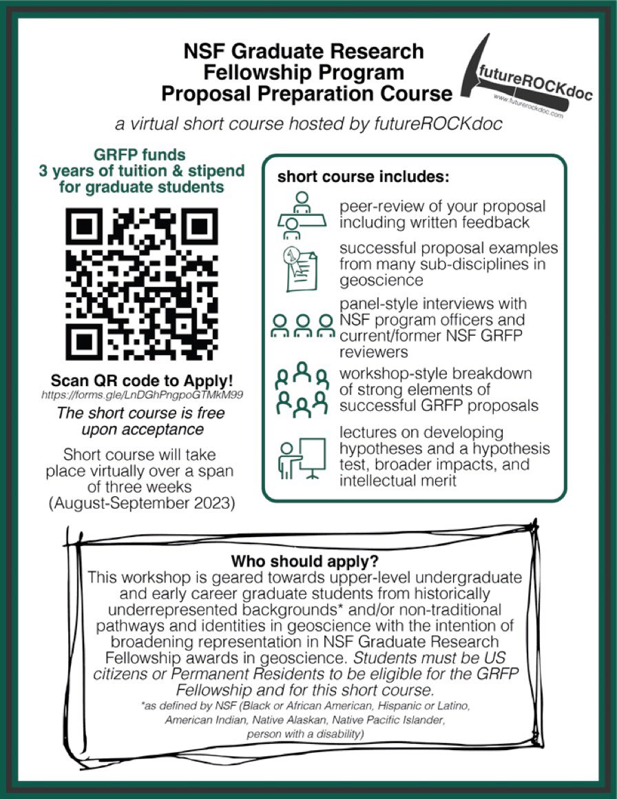 emilyemixon's tweet image. The #nsfgrfp solicitation is out! Want to apply? Are you a #geoscientist who has insight to share? Join us as a participant or mentor for the @futurerockdoc virtual prep course, where we will tackle barriers in knowledge sharing and app success. nsf.gov/pubs/2023/nsf2…