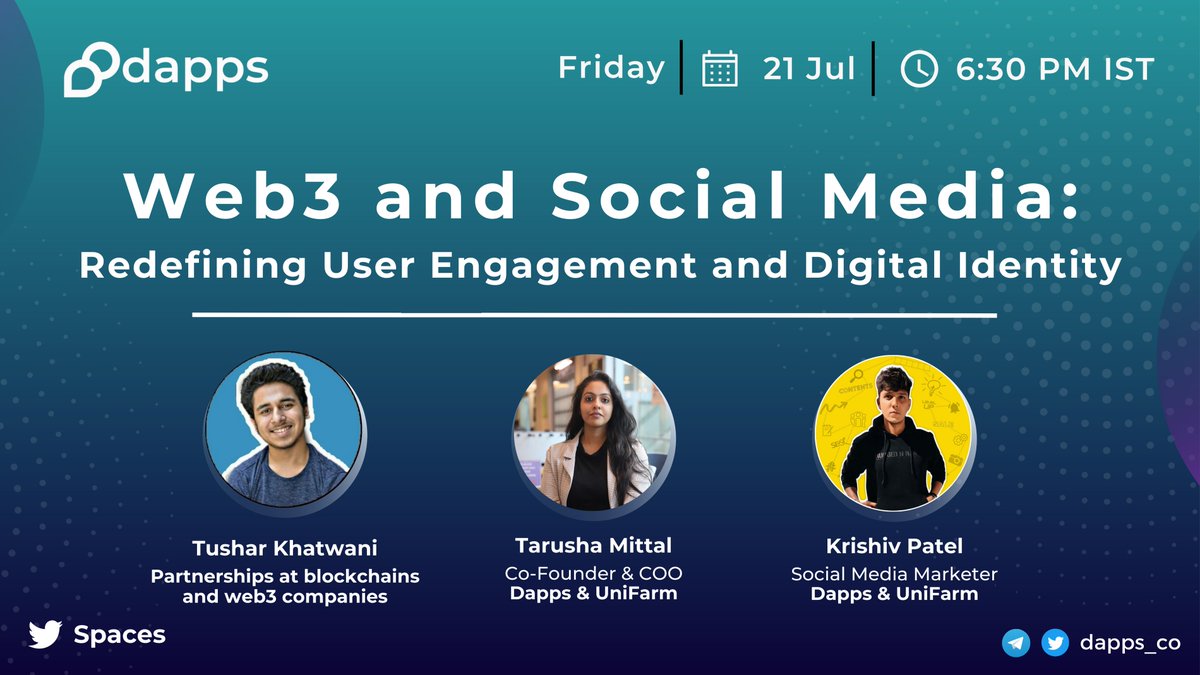 📢 Exciting news! 

⏳ Join us Tomorrow, 6:30 PM IST for an enlightening Twitter Space on "Web3 and Social Media" 🌐📱

😎 Featuring insightful talks by renowned panelists <a href="/tusharlog/">Tushar Khatwani</a>  and <a href="/TarushaM/">Tarushaa</a> ! 🖊️🗒️

🎙️ Hosted by: <a href="/SolBuoy/">Solbuoy</a> 

Set Reminders! 🚀👇
x.com/i/spaces/1yNGa…