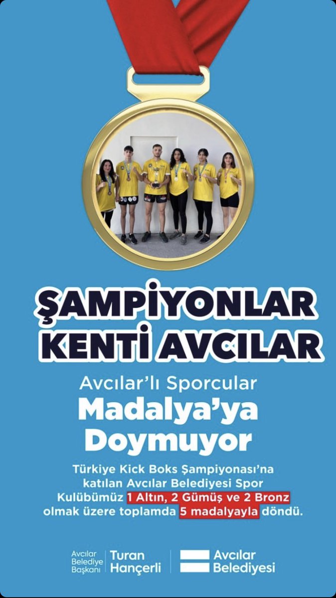 Şampiyonlar Kenti Avcılar 🏆 Avcılarlı sporcular madalyaya doymuyor. Türkiye Kick Boks Şampiyonası'na katılan Avcılar Belediyesi Spor Kulübümüz 1 Altın, 2 Gümüş ve 2 Bronz olmak üzere toplamda 5 madalya ile döndü.