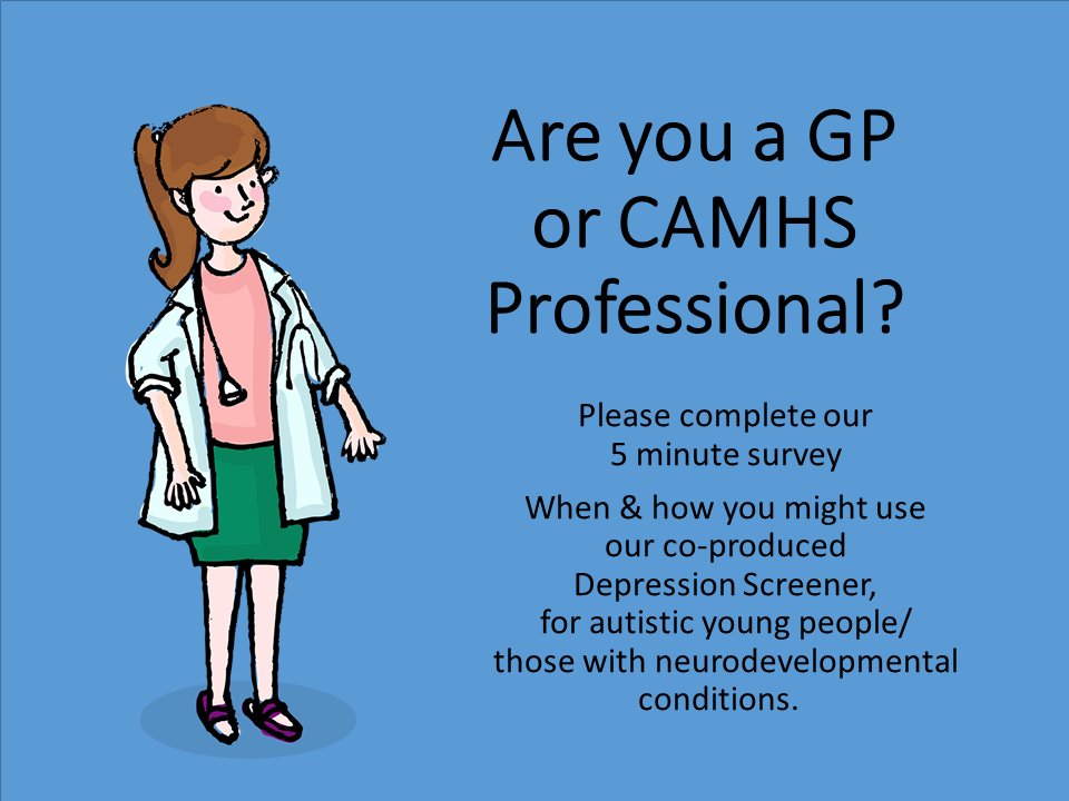 Iona Beange (@ionabeange) on Twitter photo GP / CAMHS Professionals: Please spare 5 minutes to complete @InformEpic's survey.
How and when might you use our co-produced #Depression screener for autistic young people/those with neurodevelopmental conditions? forms.office.com/e/3SZaDkzPm5
<a href="/EdinUniMentalH/">Mental Health at the University of Edinburgh</a> <a href="/EdinUniMedicine/">Edinburgh Medical School</a> GP / CAMHS Professionals: Please spare 5 minutes to complete @InformEpic's survey.
How and when might you use our co-produced #Depression screener for autistic young people/those with neurodevelopmental conditions? forms.office.com/e/3SZaDkzPm5
<a href="/EdinUniMentalH/">Mental Health at the University of Edinburgh</a> <a href="/EdinUniMedicine/">Edinburgh Medical School</a>