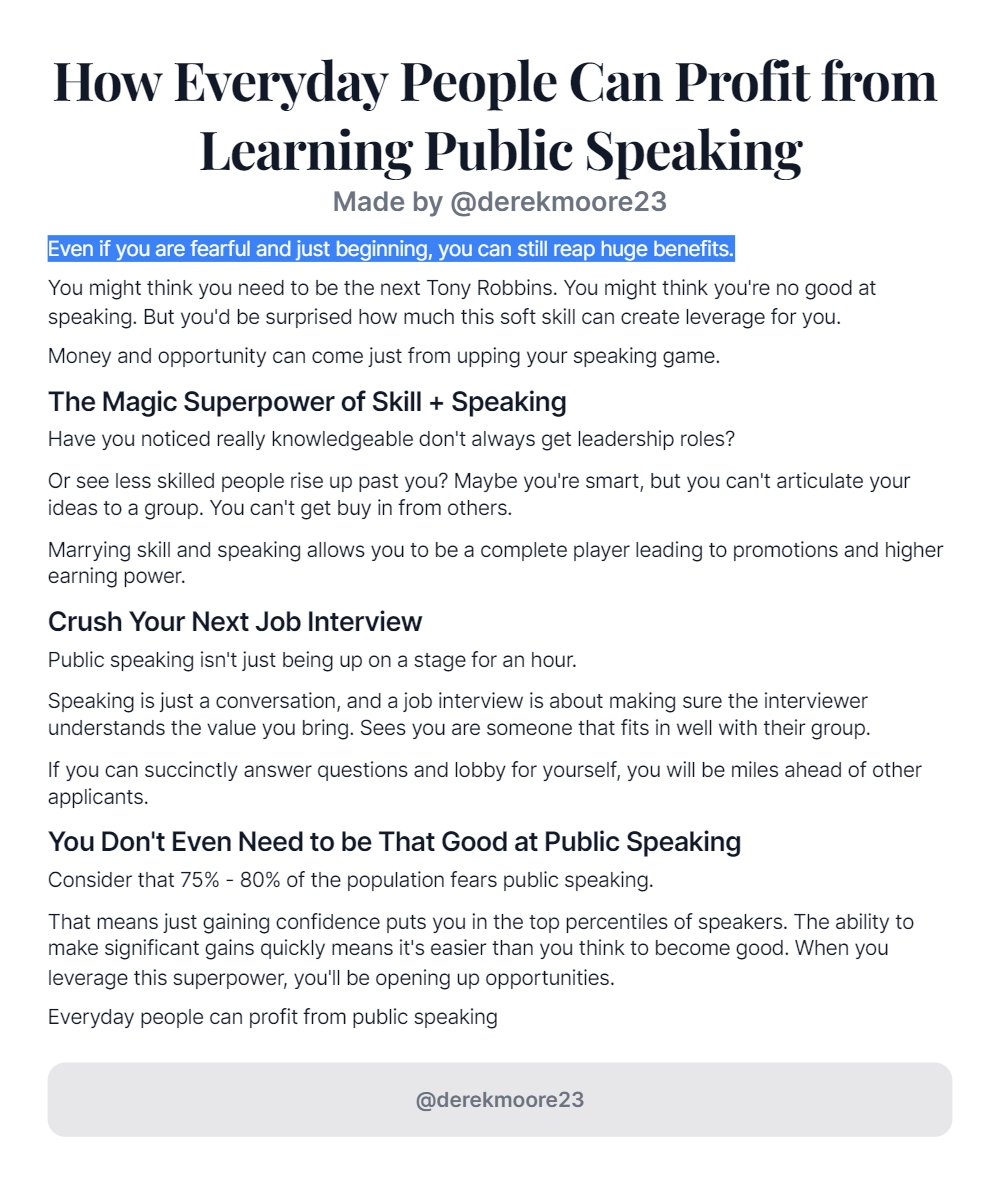 DerekMoore23's tweet photo. How Everyday People Can Profit from Learning Public Speaking 📈👇

 #ship30for30 #publicspeaking #speakers #presentation https://t.co/ku5RK2n8wH