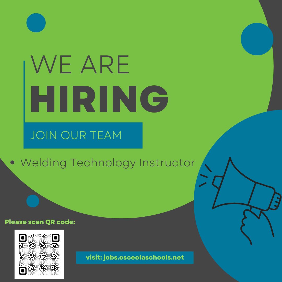 We have several positions open at oTECH, including Welding Technology Instructor. If you or someone you know might be interested, please visit the website below or scan the QR to apply today. 
jobs.osceolaschools.net/instructiona..…
#weareoTECH #SkillUpOsceola #sdocgoodtogreat