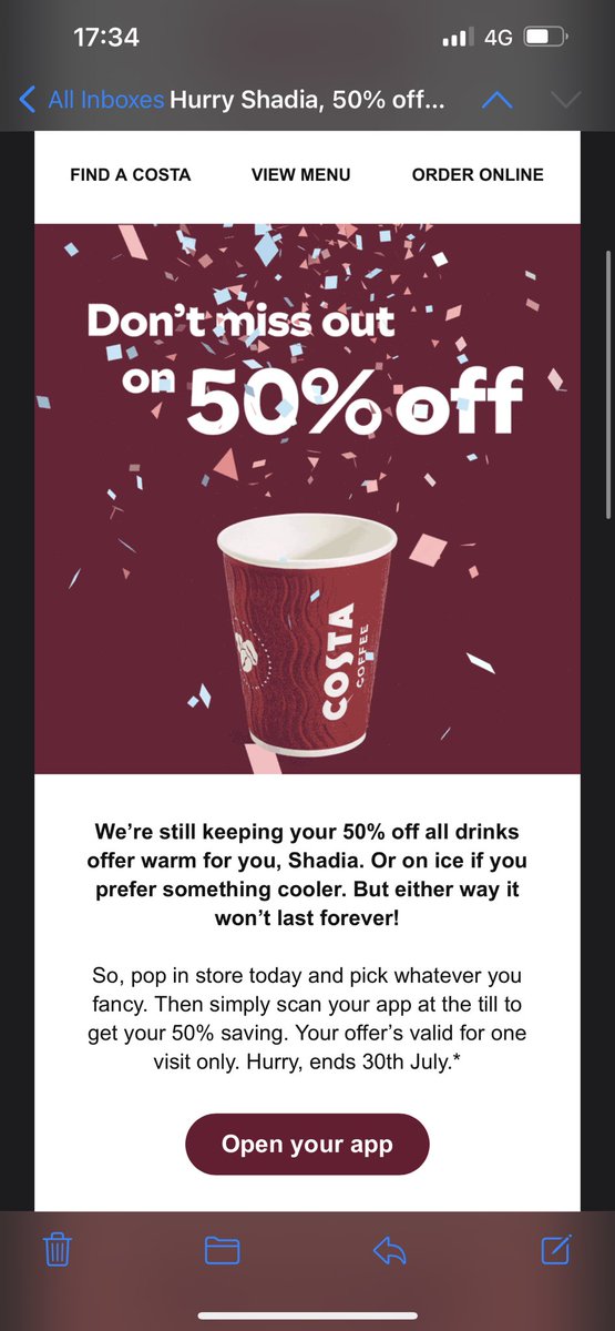 bikinibanditx's tweet photo. @CostaCoffee is thos for one drink or  for seceral drinks in the one order? As it is worded as if it’s for a few.Thanks https://t.co/ErA638EM40
