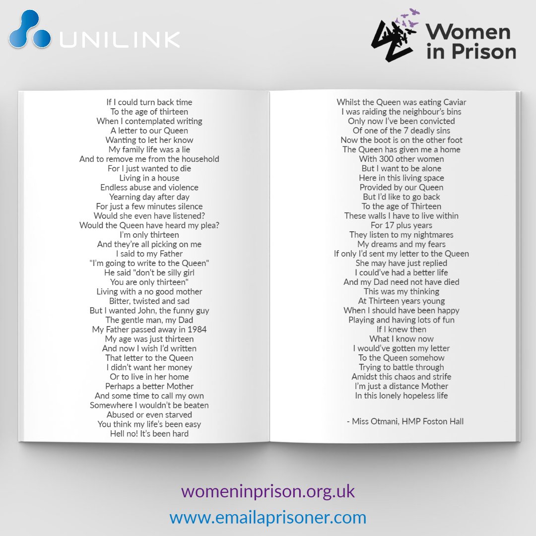 @WIP_live is a national charity that delivers support for women affected by the criminal justice system. Whilst on their informative website, there was a beautiful poem written by a woman called Miss Otmani, @HmpFostonhall. womeninprison.org.uk #powerinpoetry #prisonreform