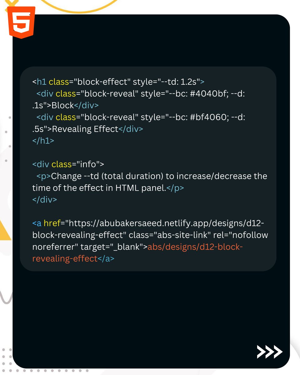 innovatetech42's tweet photo. Creating a block revealing effect using CSS and HTML is a fun and visually appealing way to enhance the user experience on your website.

DM for source code...
.
.
.
#programmingisfun #programminglanguage #htmlcss #css #csstricks #css3 #cssanimation #cssstudents #css2023 #html https://t.co/pq9XfiZ2fI