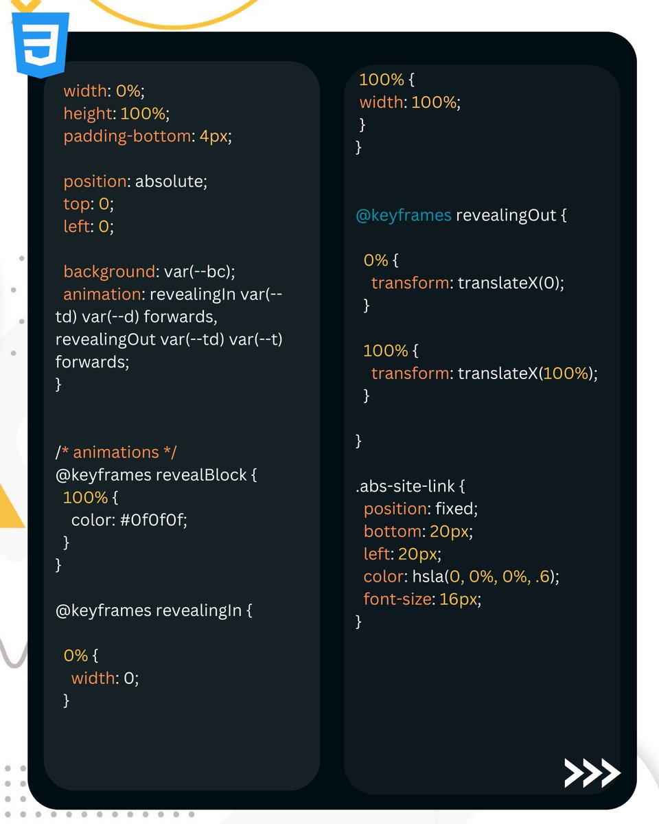 innovatetech42's tweet photo. Creating a block revealing effect using CSS and HTML is a fun and visually appealing way to enhance the user experience on your website.

DM for source code...
.
.
.
#programmingisfun #programminglanguage #htmlcss #css #csstricks #css3 #cssanimation #cssstudents #css2023 #html https://t.co/pq9XfiZ2fI