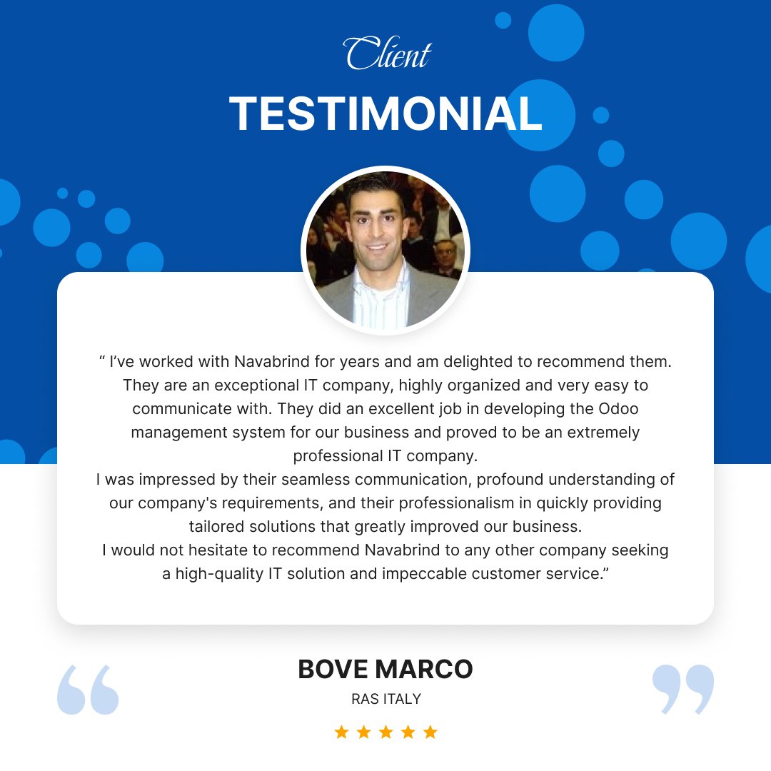 NavabrindIT's tweet image. 🌟 Real Satisfaction: Witness the Delight of Our Valued Customer! 🌟
#CustomerJourney #BusinessAutomation #OdooImplementation #TrustedPartners #SuccessStory #GrowthTogether #Navabrind #EmpoweringBusinesses #Magento #Odoo #Akeneo