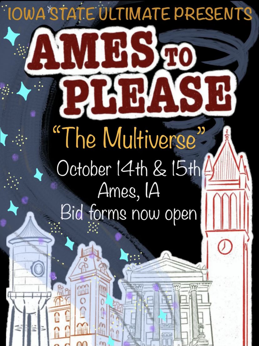 Iowa State Ultimate is very happy to announce that we will be hosting Ames to Please "ATP" college ultimate frisbee tournament this fall on October 14th - 15th! Bid forms are now open for Women/FMP/Non-Binary identifying ultimate teams:

linktr.ee/womanscorned