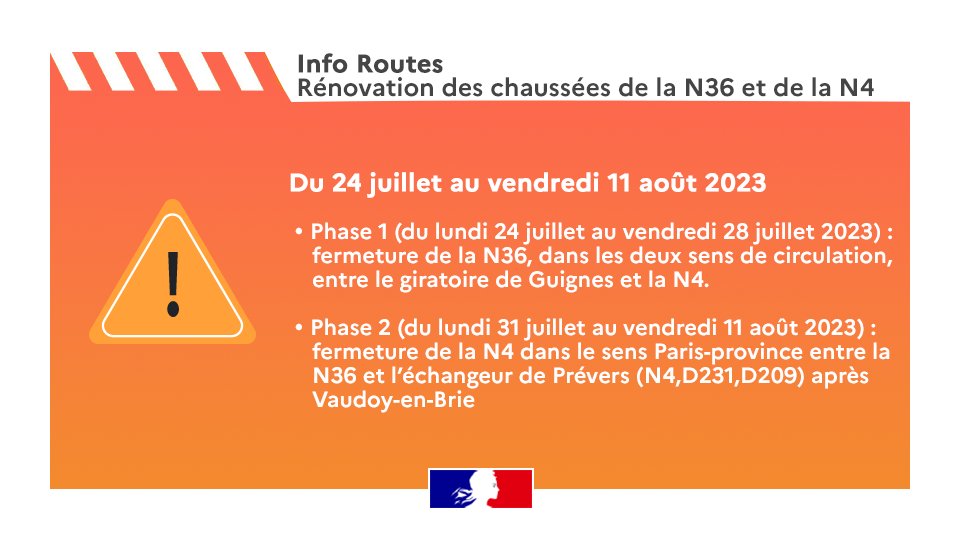 #Travaux⚠️| Rénovation des chaussées de la N36 et de la N4. 
Fermeture d’une portion de la N36 puis de la N4, du lundi 24 juillet au vendredi 11 août 2023.
➡️Consultez les déviations mises en place : urlz.fr/mLPu
<a href="/Prefet75_IDF/">Préfecture de la région d’Île-de-France</a> <a href="/sytadin/">Sytadin</a>