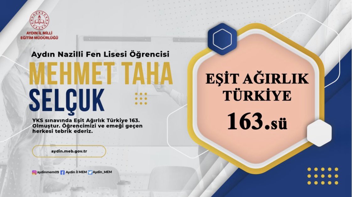 Aydin_MEM's tweet photo. 🏆YKS SINAVINDA ÖĞRENCİLERİMİZDEN TÜRKİYE DERECESİ.👏 
@tcmeb @Yusuf__Tekin @ValiAKSOY @seyfullah0966 https://t.co/EYNTrApxZg