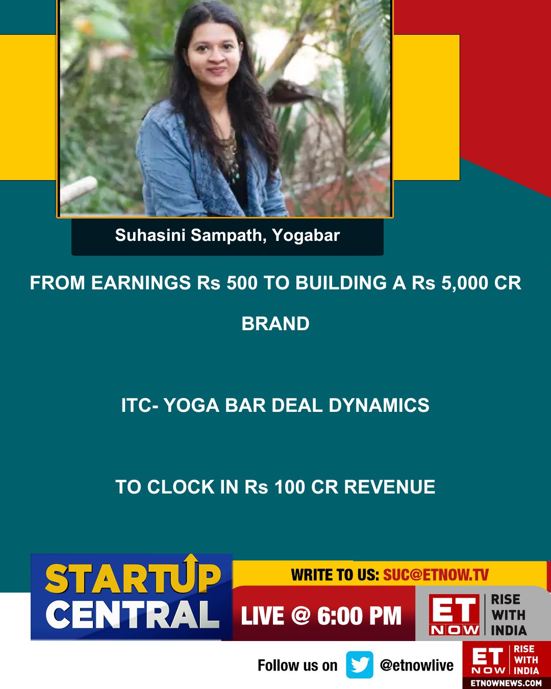 ET NOW on X: Startup Central  Decoding Yogabar's success mantra Suhasini  Sampath, the Co-Founder of the co, speaks on ITC deal, roadmap for  expansion and more Tune in to the show