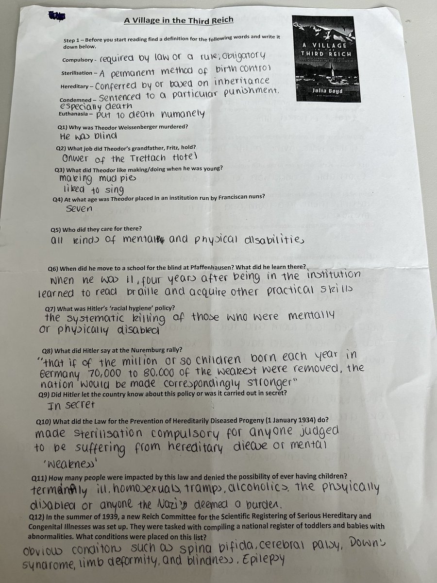 Year 9 students today handed in homework after reading a chapter of A Village in the Third Reich about Theodor Weissenberger. They engaged with the topic well and discussed how the Nazis were able to get away with the T4 euthanasia program. <a href="/UCL_Holocaust/">Holocaust Education</a>  #BeaconSchool2223