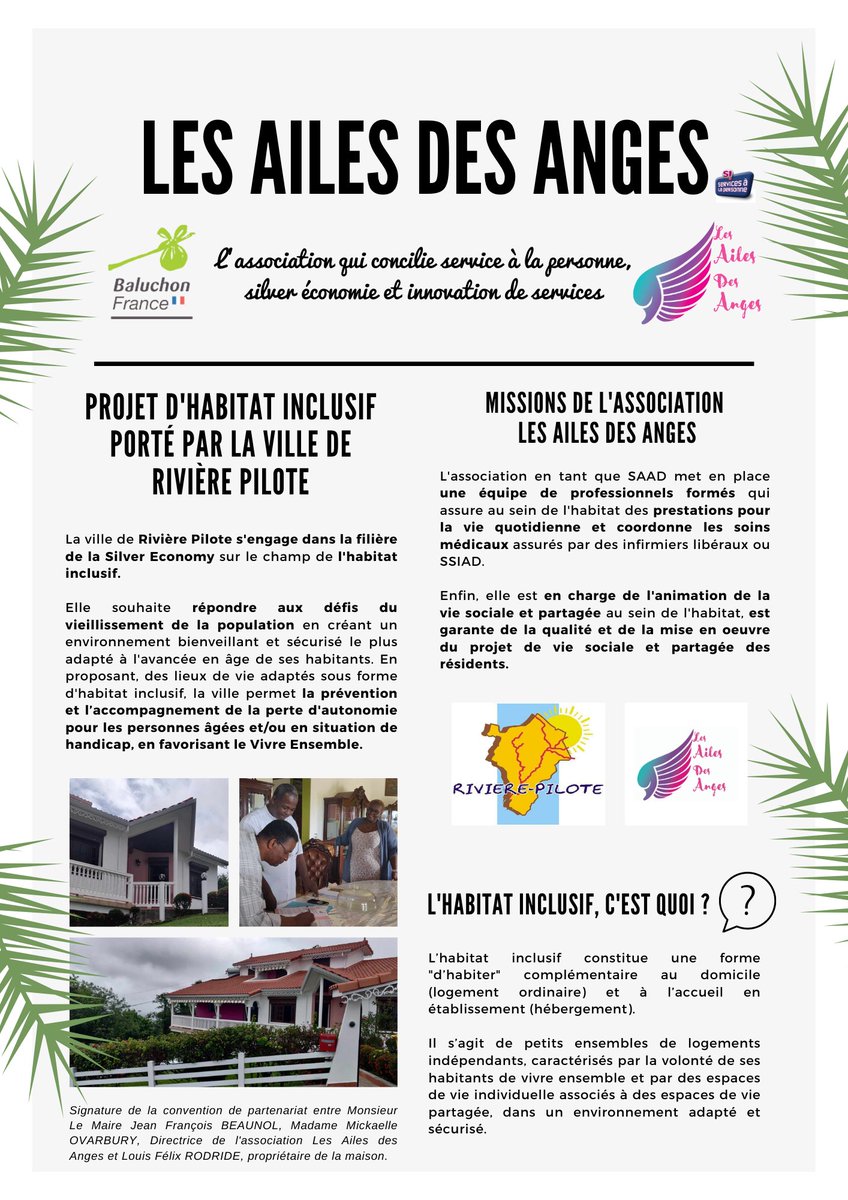 #Actualités #NewsLetter #HabitatInclusif Les <a href="/Ailesdesanges/">Les Ailes des Anges LADA</a> 

L'habitat inclusif, un logement adapté pour les #personnesâgées #dépendantes et/ou en situation de #handicap. 
L'association signe une convention de #partenariat avec la #ville de #RivièrePilote !