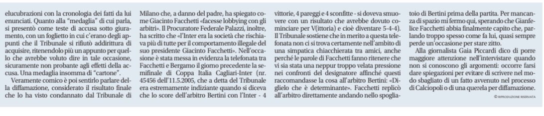 La medaglia di “cartone” del figlio di #Facchetti che parla a sproposito. Oggi <a href="/LucianoMoggi/">Luciano Moggi</a> su Libero.