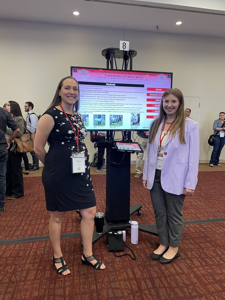 AStateCoA's tweet image. CoA Junior Brittany Hirsch traveled with Dr. Rich to Albuquerque NM for the 2023 Annual American Society of Animal Science Conf July 16-20. Brittany presented her poster titled “Effect of Different Semen Extenders on Post-Thaw Characteristics of Caprine Semen” in the competition.