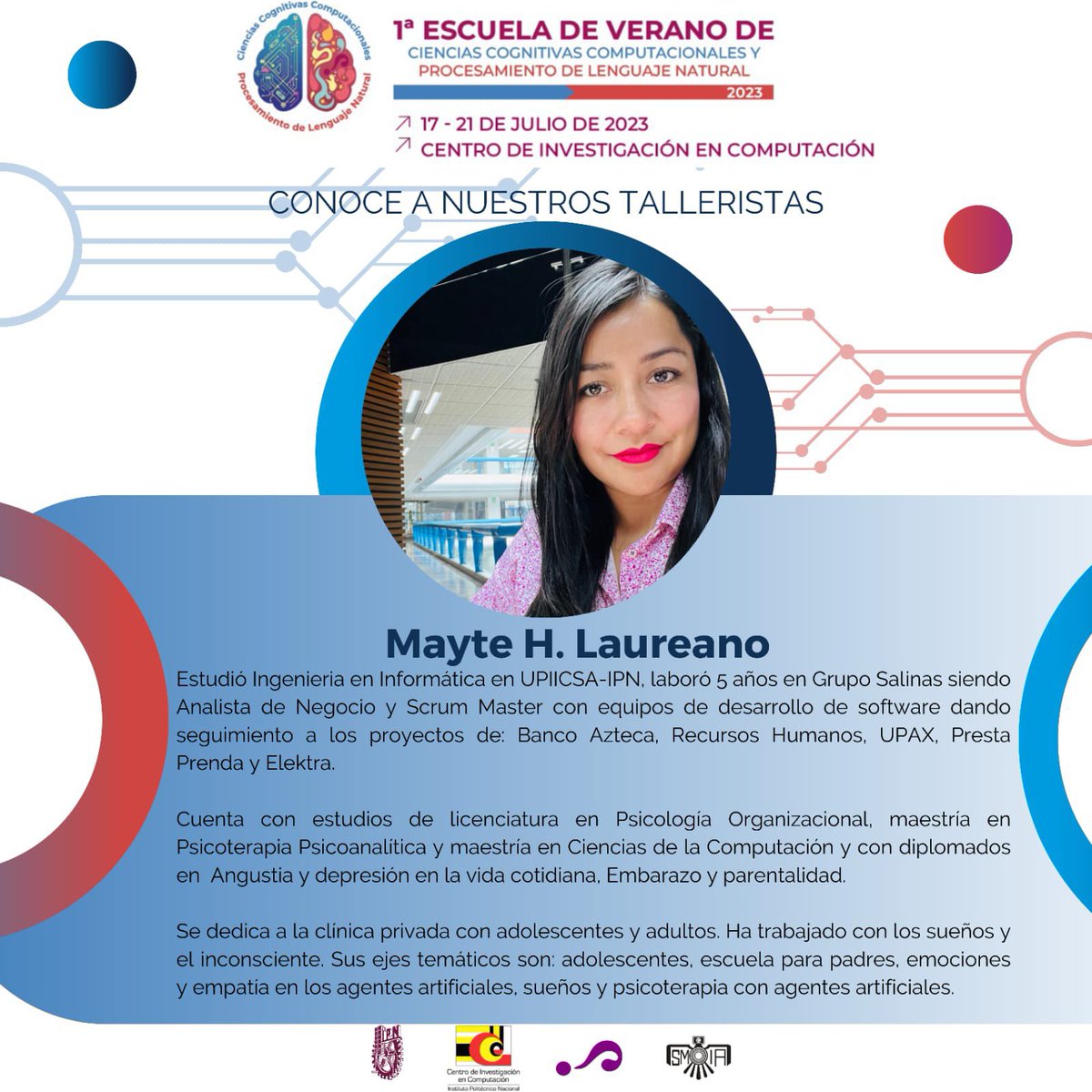 smia_mx's tweet photo. #NoTeLoPierdas el bloque de charlas “Mujeres en la Ciencia" 👩‍💼

Adriana, Mayte, Ericka y Elsy te compartirán su experiencia en la Escuela de Verano en Ciencias Cognitivas Computacionales y PLN

🗓️ 20 de julio de 2023
📍 @CIC_IPN_OFICIAL
Info: https://t.co/kLB02GhIZH

#IA #PLN #RT https://t.co/3oNoxRaSIf