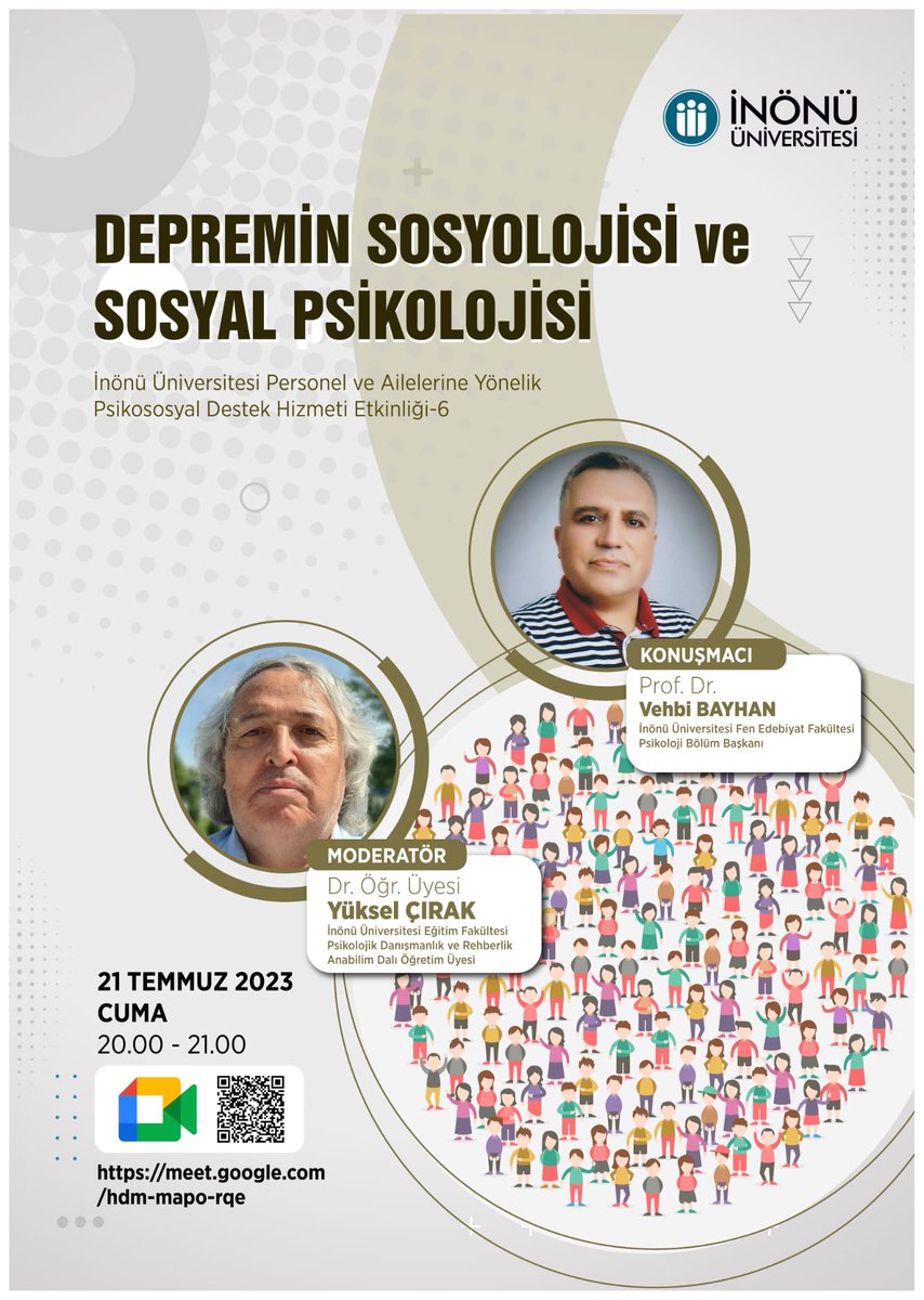 Altıncı etkinliğimizi "Depremin Sosyolojisi ve Sosyal Psikolojisi" gündemiyle gerçekleştiriyoruz. İlgili bütün mensuplarımızı ve ailelerini çevrimiçi etkinliğimize davet ediyoruz.
Etkinlik linki: meet.google.com/hdm-mapo-rqe
Etkinlik zamanı: 21 Temmuz Cuma 2023 Saat: 20:00 - 21:00