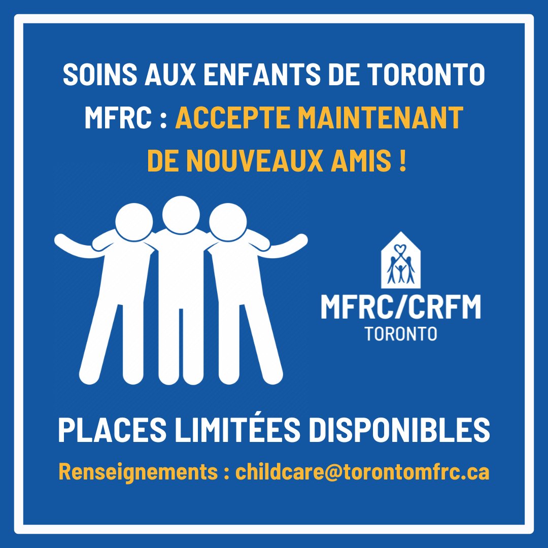 TorontoMFRC's tweet image. Le CRFM Toronto a des places disponibles dans son programme de garde d'enfants agréé à temps plein!🤩

Toutes les places sont dans le groupe d'âge des tout-petits, de 18 mois à 2,5 ans. 

Envoyez childcare@torontomfrc.ca pour vous inscrire dès aujourd'hui!📨