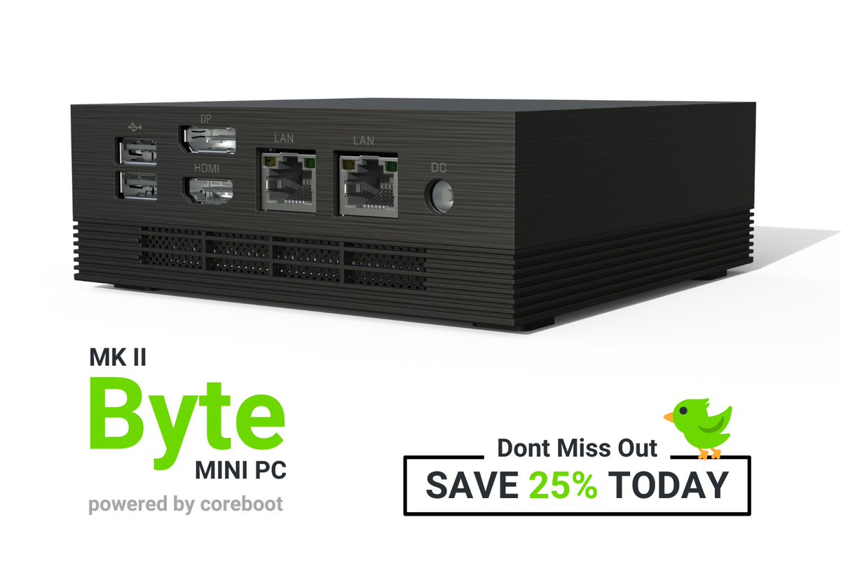 starlabsltd's tweet image. LAST CHANCE - Early Bird offer ends Sunday 🐦
Save a massive 25% on the fanless Byte Mk II today!
Configure your #coreboot Mini PC Now: starlabs.systems/products/byte
