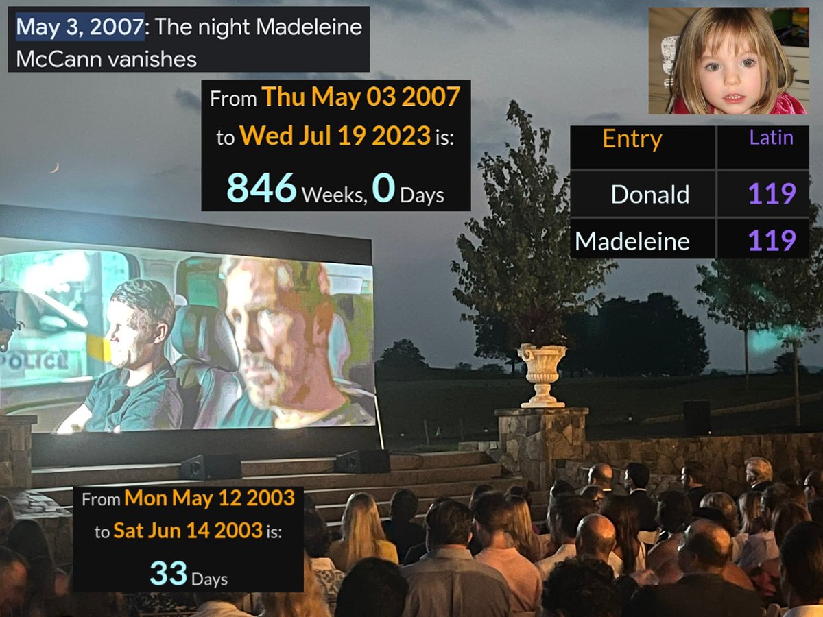 Donald watched this film 846 weeks after the night Madeleine McCann disappeared. She was born 33 days before Trump's birthday.

The first plane “hit the towers” at 8:46

George Floyd was supposedly suffocated for 8:46 

The first person vaccinated in the US was Sandra Lindsay=846 https://t.co/HdhjM4dgH7 https://t.co/0UXklcQhHr