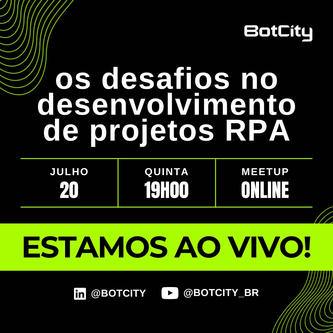 BotcityDev's tweet photo. Estamos ao vivo! Vem compartilhar conhecimento e experiências sobre os desafios no desenvolvimento de projetos RPA.

Ao vivo aqui e no YouTube:

- LinkedIn: https://t.co/UeUiagP8PD
- YouTube: https://t.co/YcOdpyiihM

@morgannadev @4llves @bug_elseif https://t.co/NcOPY5gndm