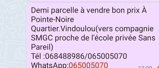 Ne ratez pas cette opportunité,une demie parcelle à vendre bon prix à Pointe-Noire (Vindoulou)