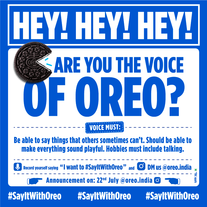 oreo_india's tweet photo. Ahem *clears throat*
Attention Oreo lovers! We are on the search for a voice who can speak to 1.4 billion people! Think you have what it takes? Send us a DM with a recording of yourself saying “I want to #SayItWithOreo” and may the best voice win! https://t.co/wQynaquePI