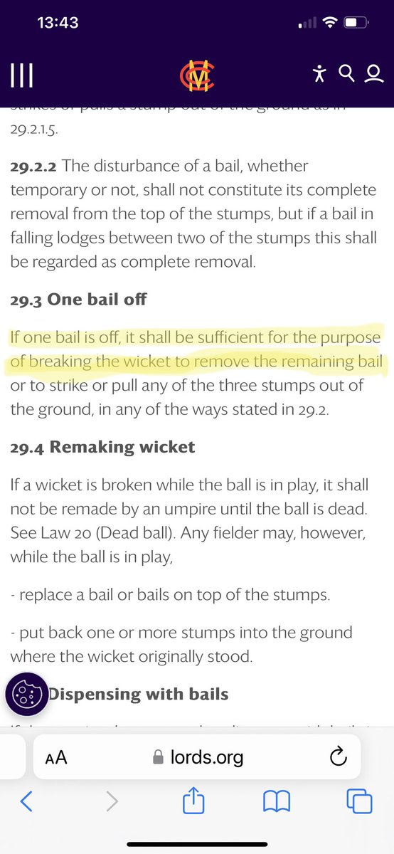 JJ1920's tweet photo. @bbctms I am loathe to query John Holder but I think two answers need a re-think.
Run out with one bail off - surely it was out. (JH suggested they needed to take a sump out of the ground). https://t.co/y3p51DjHWK