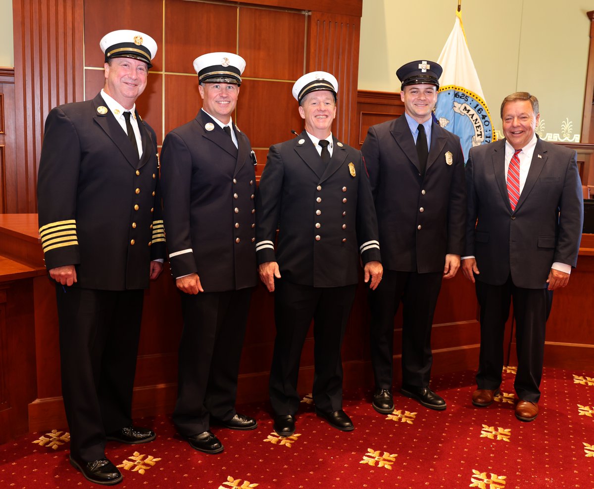 CityofQuincy's tweet photo. Congratulations to Deputy Fire Chief Patrick Dee, Fire Captain Christopher Lewis &amp; Fire Lieutenant Cody Daniels on their promotions today in Great Hall. A proud @CityofQuincy is grateful for your dedication to our citizens. @792QFD https://t.co/baIyFDedGk