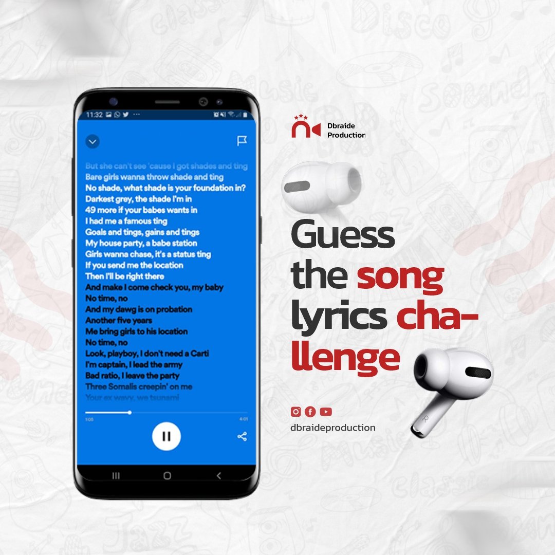Dbraide_'s tweet photo. Can you complete the lyrics? Test your Nigeria music knowledge with our "Guess the Song" challenge! Are you ready to take on the challenge? Comment your answers below! 🎶🔥

#Barbie
#WhatsApp
#BarbieMovie
#whatsappdown
#DbraideProduction
#QualityEntertainment https://t.co/y1Bjo6q3xq
