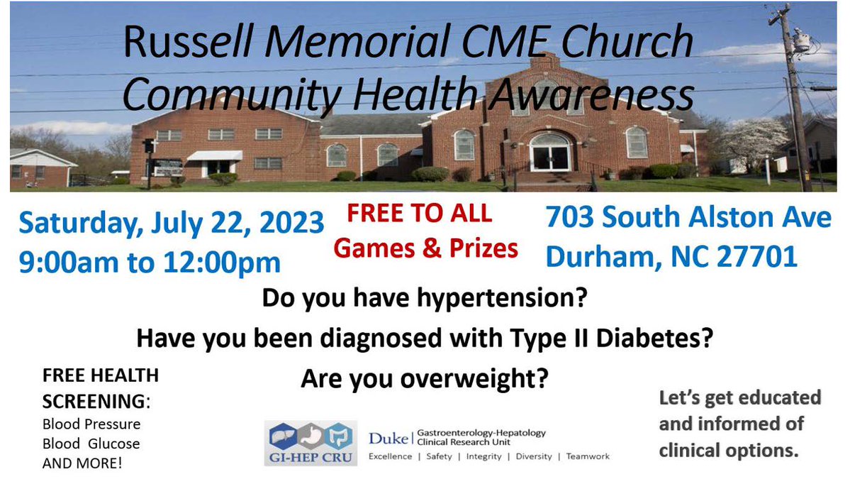 Free health screenings and awareness - we're looking forward to spending time in the community this weekend at @RussellMemorial! 
 #HealthAwareness #HealthScreening
@DurhamNC @healthydurham @DukeHealth @Duke_FamMed @DurhamHealthNC @DCoDSS @DukeWELL1