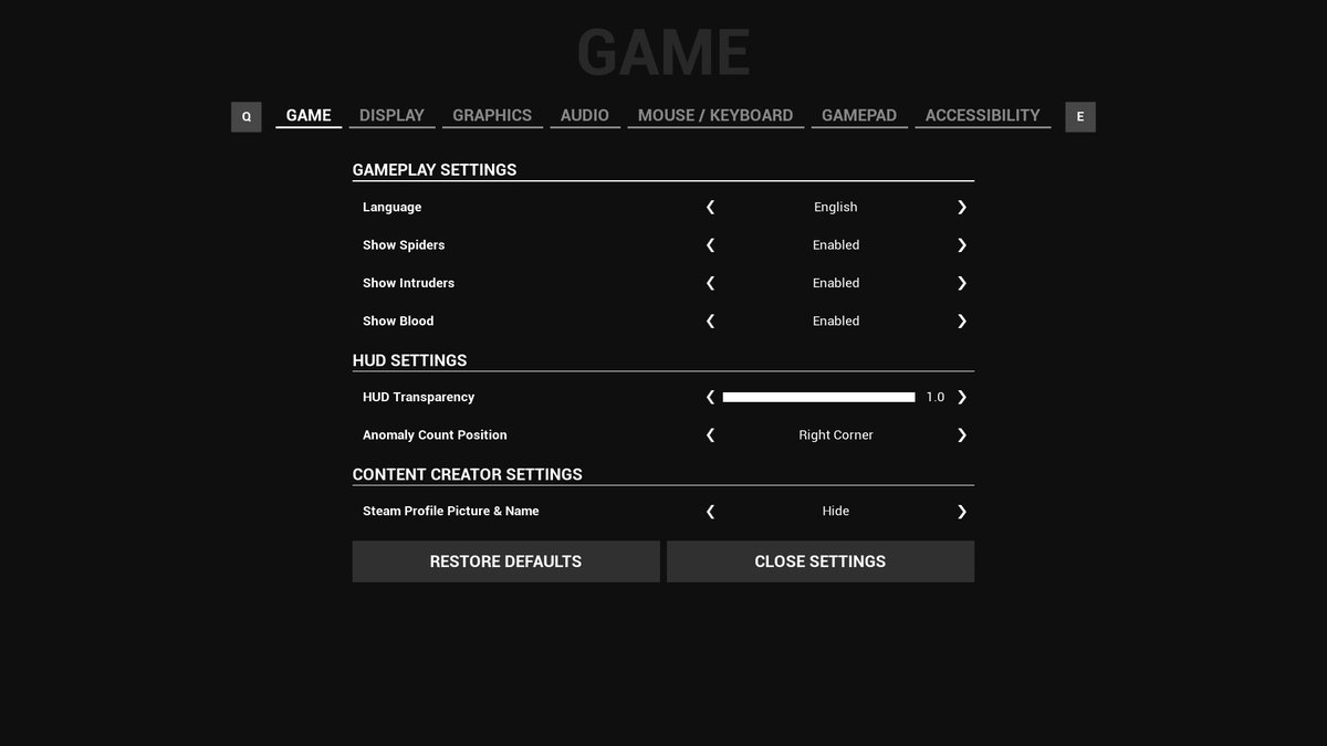 TMD_Interactive's tweet photo. Exciting updates for the full version of #ProjectObscurion! 

🕸️ Players can now disable Spiders and Intruders globally across all maps. Plus, there's an option to hide blood in the game.

🎭 Content Creators can now stay anonymous by hiding their Steam name and profile picture in the menus. 

❤️ Additionally, I've added an Accessibility tab where players can turn off flickering lights and color-changing anomalies. 

More cool features await in the full version. Add #ProjectObscurion to your wishlist to stay up-to-date! 🧡 

🔗Wishlist now: https://t.co/Y4XxofQ27j