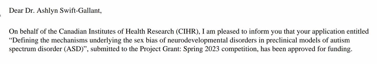 SO excited to share our CIHR grant was successful!
 
Even more excited to get started on this research into mechanisms underlying sex bias in neurodevelopment disorders w <a href="/WallingNeuroLab/">Susan Walling</a> <a href="/Jjblundell123/">Jacqueline Blundell</a> <a href="/deepakkaushiik/">Deepak Kaushik</a> &amp; Dr. Lindsay Cahill

Will be hiring at all levels! Please RT