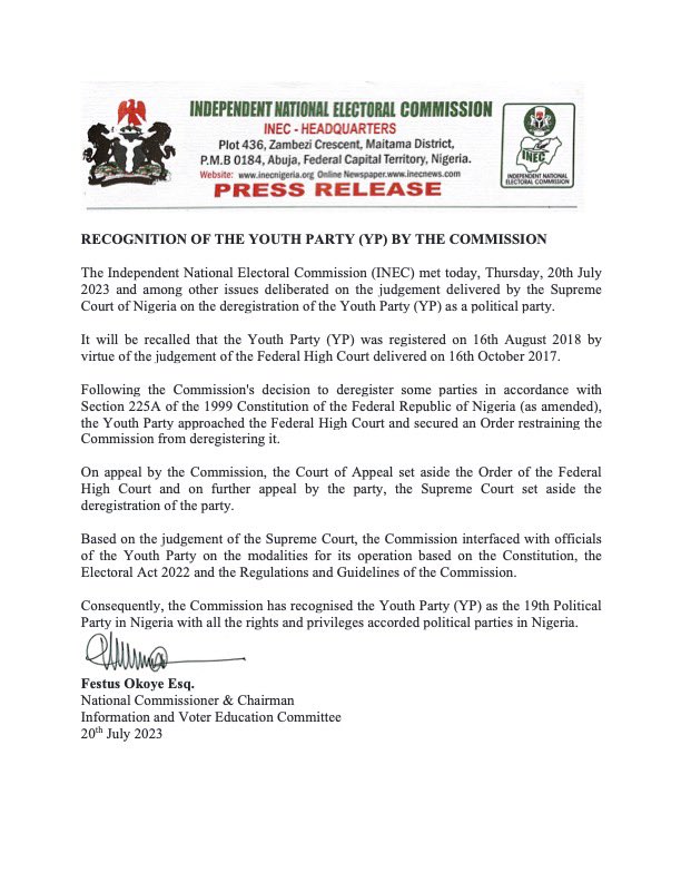 inecnigeria's tweet photo. PRESS RELEASE
Recognition of the Youth Party by the Commission https://t.co/b4CvogyRLW