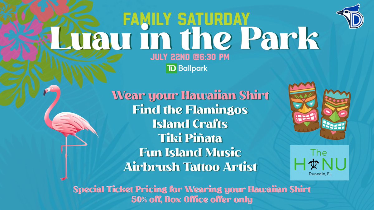 Join us for a Tropical Weekend Family Luau at the Park! Wear any Hawaiian shirt on July 22nd, and you'll get a ticket for only $4! ☀️

We'll have Flamingo hunting, Island Crafts, a Tiki Piñata, and cool Island Music. Don't miss the fun!🦩🌴
