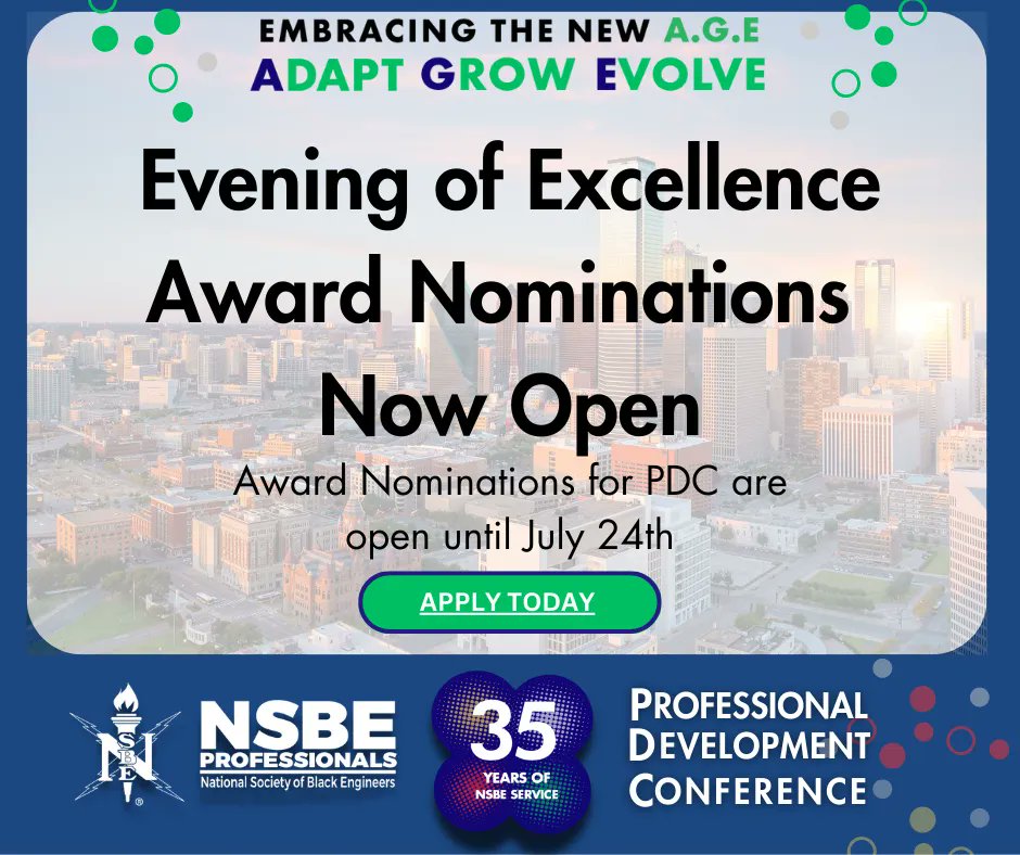 The Evening of Excellence Award nominations for this year's Professional Development Conference are now open! Nominations are open until Monday, July 24th, 2023 at 11:59PM EST.  APPLY TODAY: bit.ly/44kdDP8
#NSBEPDC2023 #PDCEOE #NSBEProfessionals #BlackEngineers