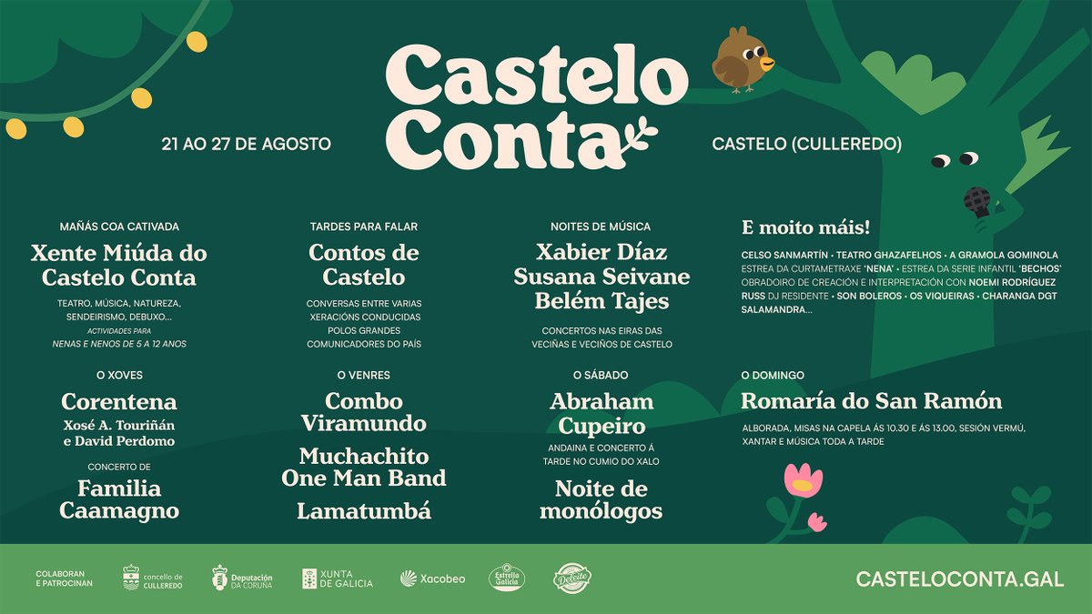 CasteloConta's tweet photo. 🌿 Arrinca a VIII edición do #CasteloConta! 
👉 Toda a información, horarios e novidades en https://t.co/medaEmQccI 

Co apoio de @ConcCulleredo @DACCultura @CulturaXunta #Xacobeo e co patrocinio de @estrellagalicia @deleitegalego https://t.co/Y0iLKCfyfA