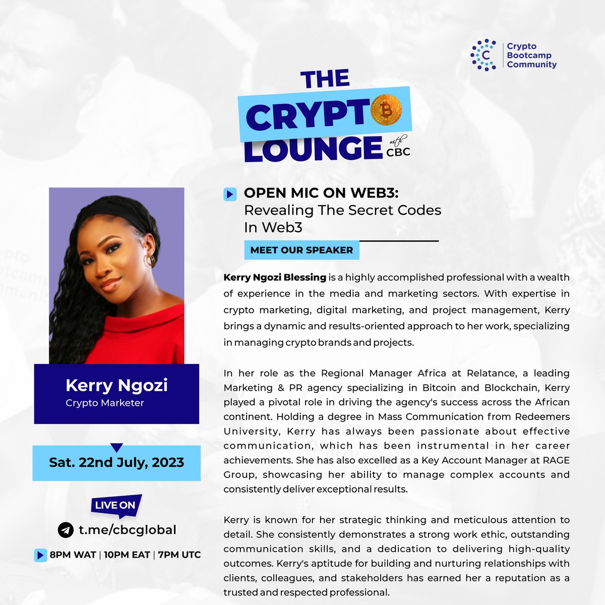 <a href="/iwuno_obinna/">Somuchgrace</a> <a href="/OmotolaDorcas_1/">Omotola Dorcas (Virtual Domain)</a> <a href="/crypevangelist/">Crypto Evangelist</a> <a href="/ngozikerry/">Kerry Ngozi</a> will be joining us as a speaker for the Open Mic on Web3 session!