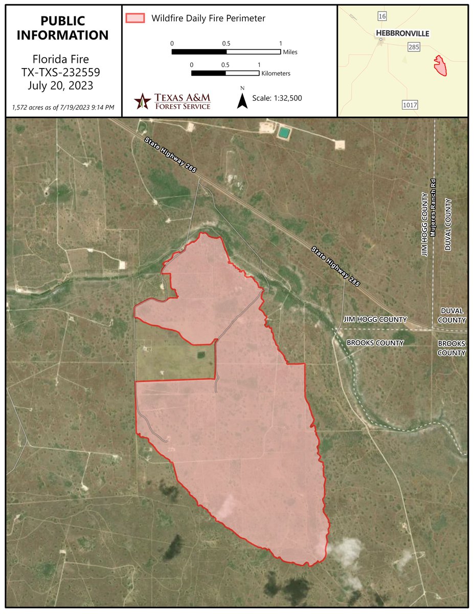 AllHazardsTFS's tweet photo. Public information map of the #FloridaFire in Jim Hogg County showing 1,572 acres. The fire remains 60% contained. https://t.co/CVMKnAF95Z